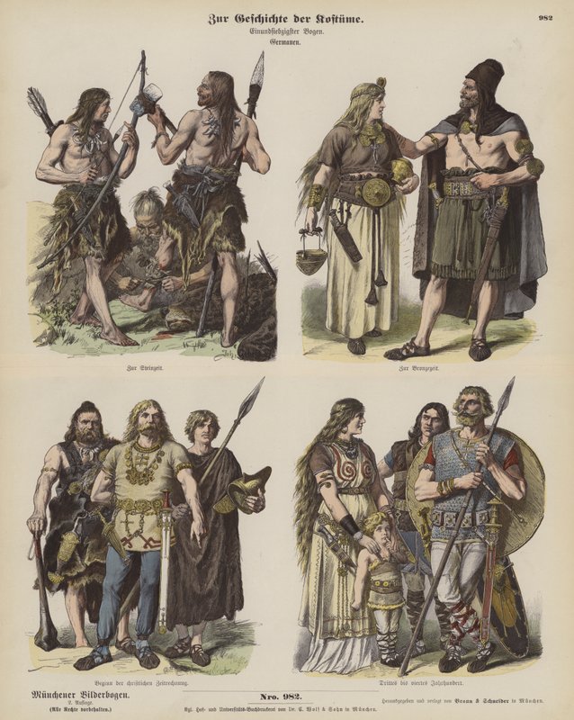 Ókori germán viseletek (színes metszet) alkotó: German School