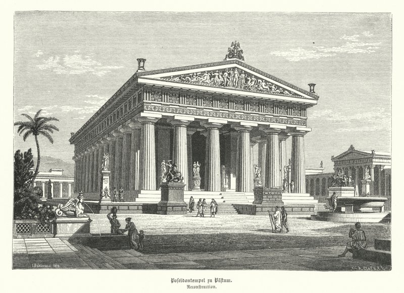 Héra ókori görög temploma, Paestum, Olaszország, korábban tévesen azt hitték, hogy Poszeidónnak szentelték (metszet) alkotó: German School