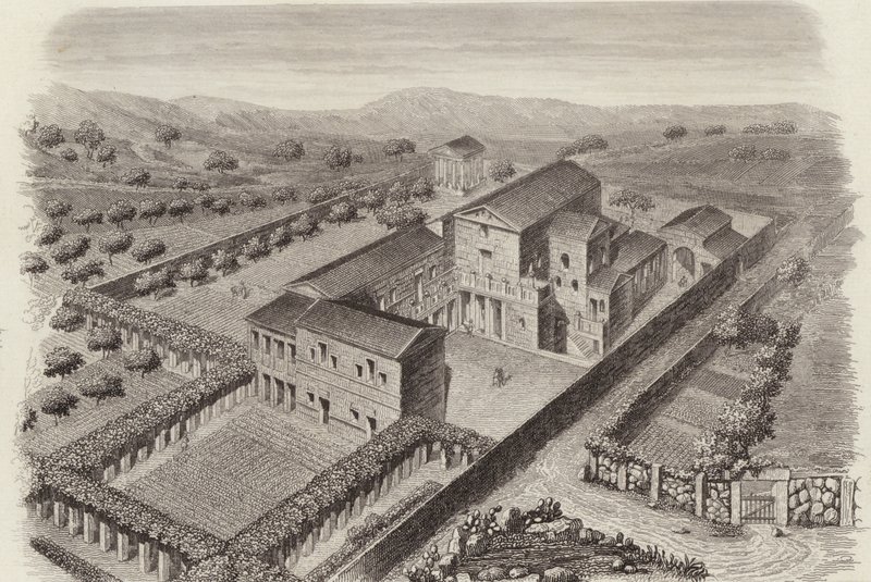 Ókori görög vidéki ház Al-Barahban, Szíriában. Illusztráció a Bilder-Atlashoz (metszet) alkotó: German School