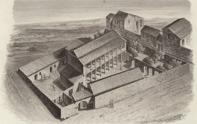 Ókori görög házak Moudleja, Szíria. Illusztráció a Bilder-Atlashoz (metszet) alkotó: German School