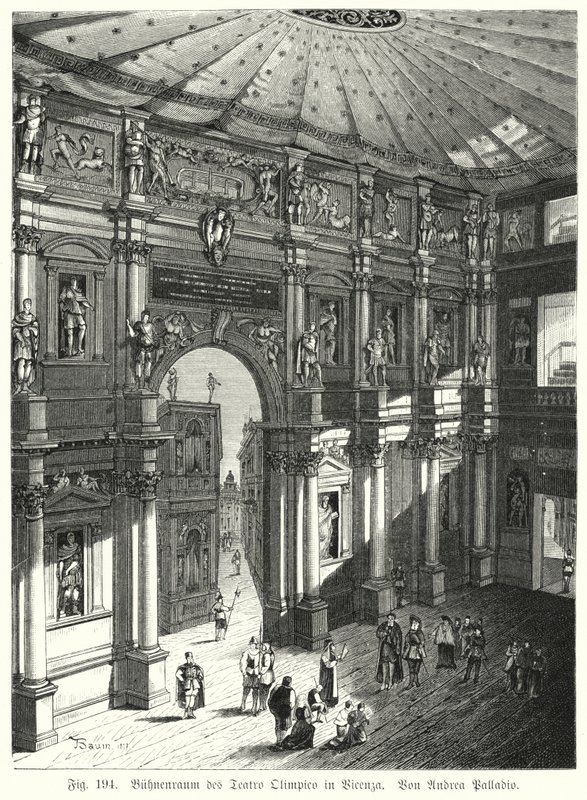 A Teatro Olimpico nézőtere és színpada, Piacenza, Olaszország, tervezte: Andrea Palladio (metszet) alkotó: German School