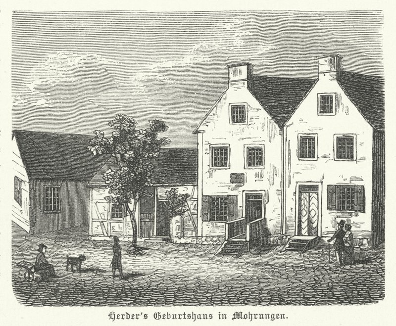 Johann Gottfried von Herder német szerző, filozófus és evangélikus teológus szülőhelye, Mohrungen (metszet) alkotó: German School