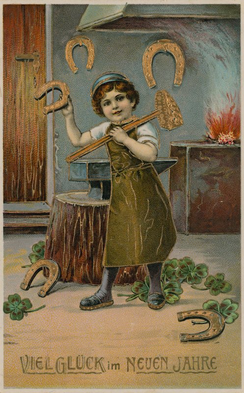 Aranypatkót készítő kovácsfiú újévi szerencsére. 1913. december 31-én feladott képeslap. alkotó: German School