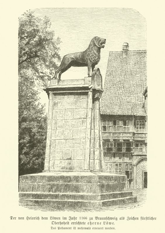 Bronz oroszlán, amelyet Oroszlán Henrik állított fel Brunswickban 1166-ban (metszet) alkotó: German School