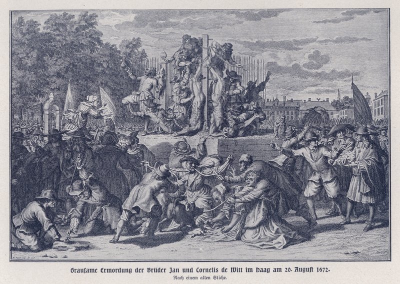 Jan és Cornelis de Witt testvérek brutális meggyilkolása egy orangista csőcselék által, Hága, Hollandia, 1672. augusztus 20. (lithó) alkotó: German School