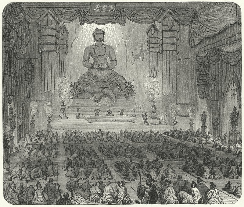 Buddhisták egy pekingi kolostorban istentiszteletben (metszet) alkotó: German School