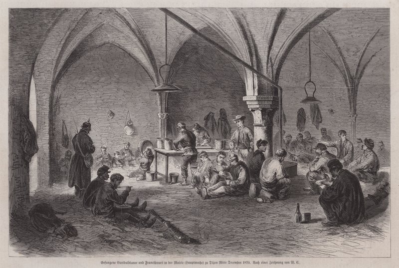 Fogságba esett garibaldiak és francia frank gumiabroncsok a franciaországi Dijon városházán, francia-porosz háború, 1870. december közepe (metszet) alkotó: German School