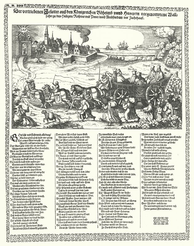 Karikatúra, amely 1620-ban a harmincéves háború kezdetén Csehországból és Magyarországról elűzött jezsuitákat ábrázol (metszet) alkotó: German School