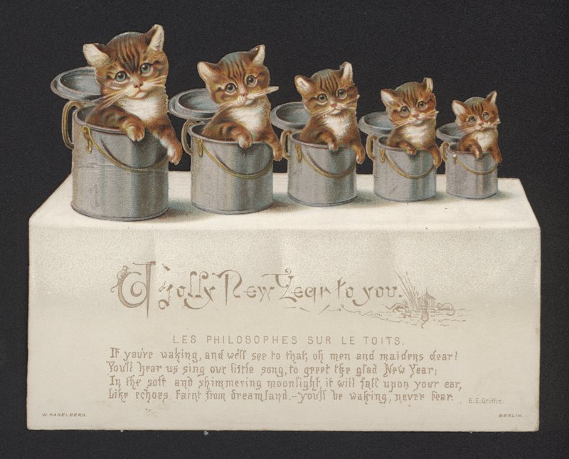 Macskák vödörben, újévi üdvözlőlap (chromolitho) alkotó: German School