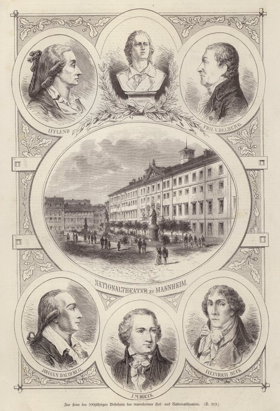 Az udvar és a nemzeti színházak centenáriuma, Mannheim, Németország (metszet) alkotó: German School