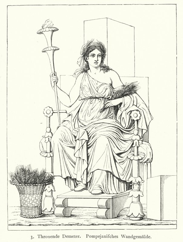 Ceres, az aratás római istennője, trónoló, falfestmény Pompeiiből (metszet) alkotó: German School