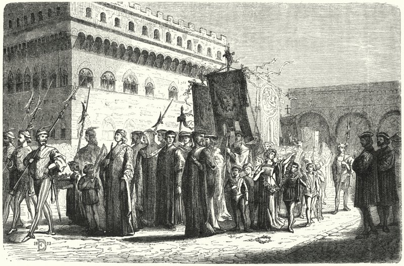 Gyermekmenet Firenzében Girolamo Savonarola uralma alatt (metszet) alkotó: German School