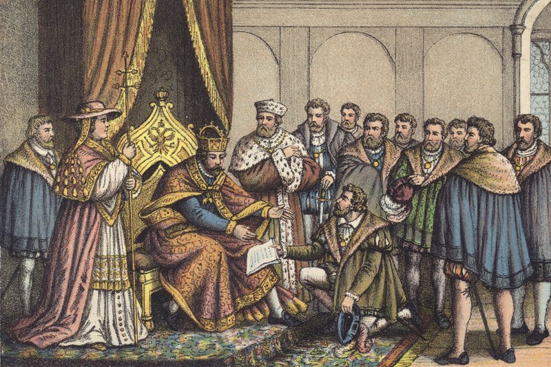 Christian Bayer olvassa az Augsburgi Hitvallást (chromolitho) alkotó: German School