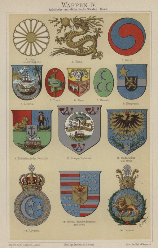 Hawaii és Ázsia és Afrika országainak címerei (színes litho) alkotó: German School