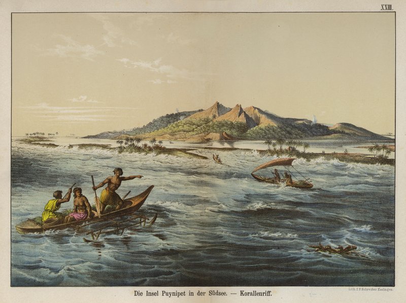 Korallzátony Puynipet szigeténél (Pohnpei), Karolinos szigetek (színes litho) alkotó: German School