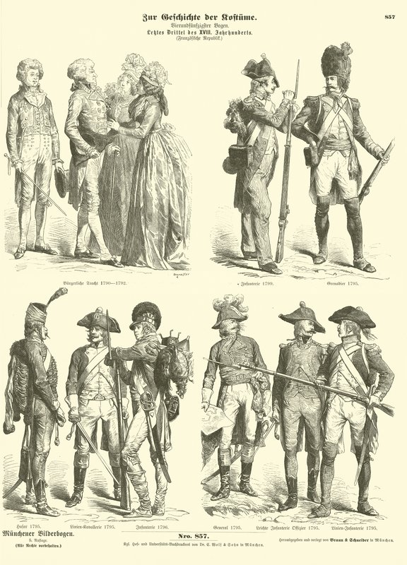A republikánus Franciaország jelmezei és katonai egyenruhái, 1790-es évek alkotó: German School