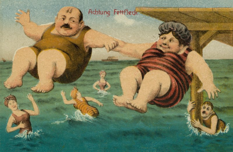 Pár megcsúszik a zsíron és a vízbe esik (színes litográfia) alkotó: German School