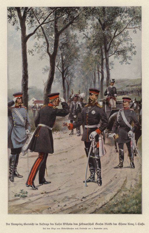 Frigyes német trónörökös, aki apja, I. Vilmos császár nevében Vaskereszttel tünteti ki Helmuth von Moltke tábornagyot (színes litó) alkotó: German School