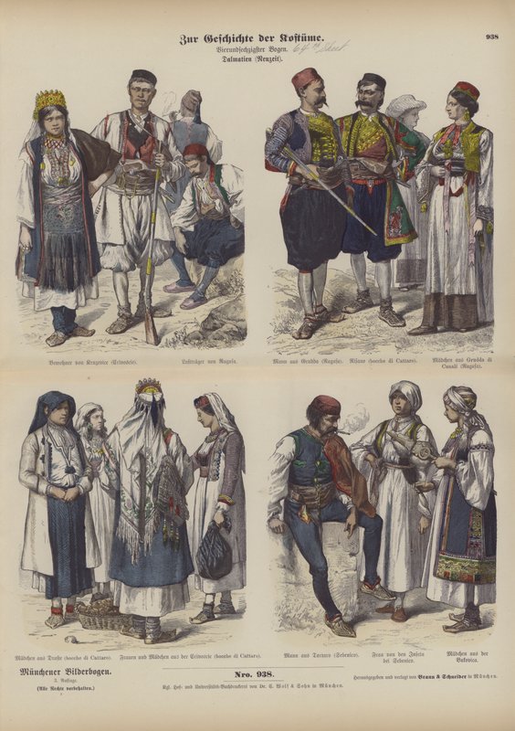 Dalmát viseletek, 19. század vége (színes metszet) alkotó: German School