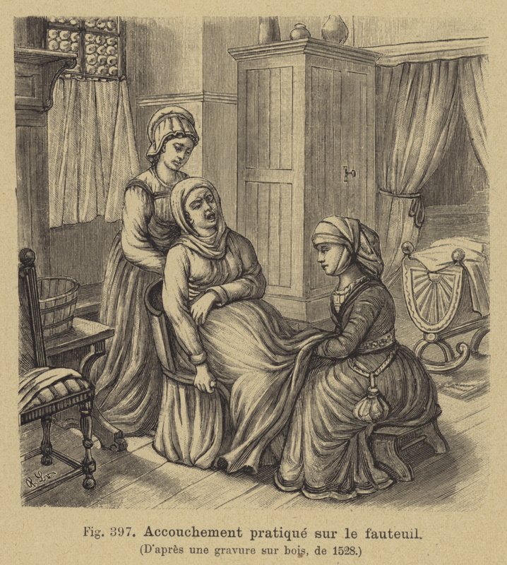 Szülés a szülőszéken ülő anyával, 16. század alkotó: German School