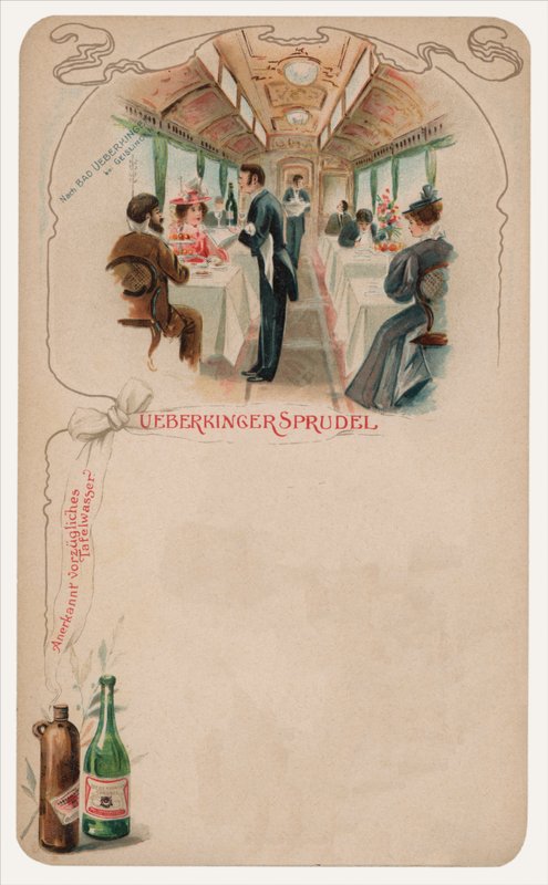 Étkezőkocsi a vonaton, Ueberkinger Sprudel asztali víz (chromolitho) hirdetése alkotó: German School