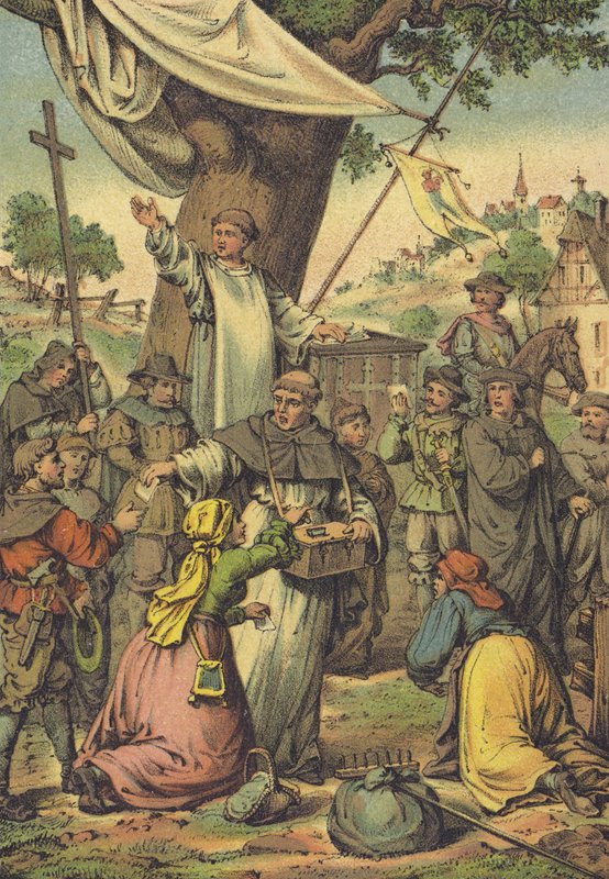 Johann Tetzel dominikai szerzetes búcsúztatót osztogat pénzért alkotó: German School