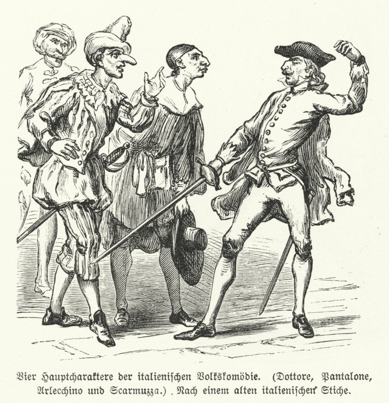 Doktor, Pantalone, Arlecchino és Scaramuccia, négy szereplő a Commedia dell