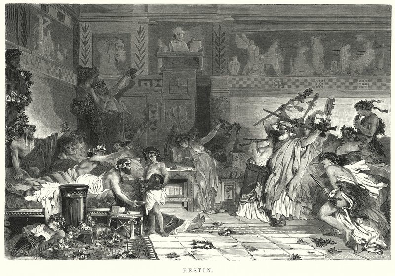 Szórakozás étkezés után egy római lakomán (litho) alkotó: German School