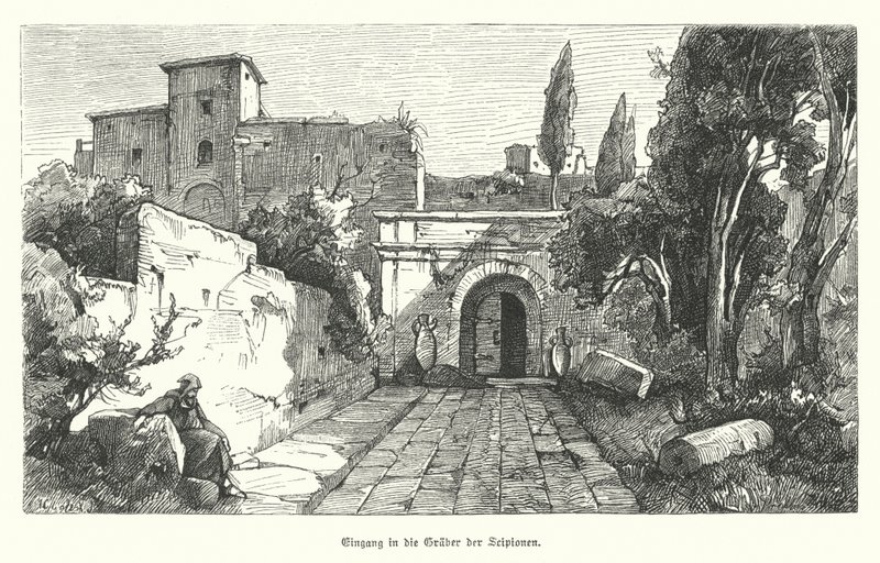 Bejárat a Scipiók sírjához, Róma (metszet) alkotó: German School
