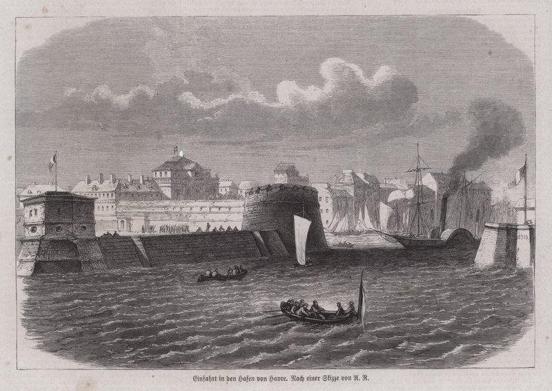 Le Havre kikötőjének bejárata, Franciaország (metszet) alkotó: German School