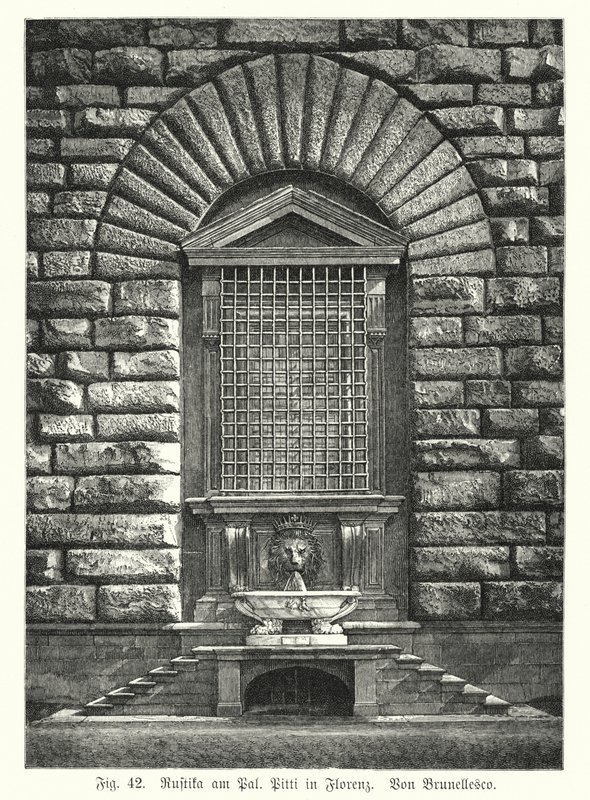 Példa rusztifikációra, Filippo Brunelleschi, Palazzo Pitti, Firenze, Olaszország (metszet) alkotó: German School