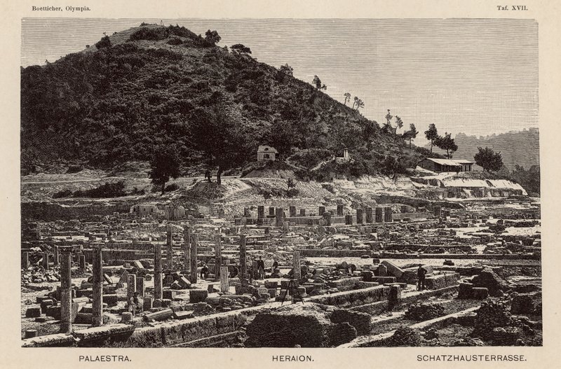 Az ókori Olympia helyének feltárása, Görögország: a Palaestra, a Héra-templom és a kincstárak (metszet) alkotó: German School