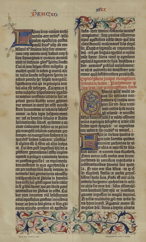 Johannes Gutenberg 1455-ös, 42 soros latin bibliájának facsilimiléje (színes litó) alkotó: German School