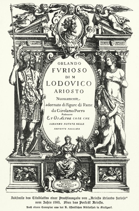 Ludovico Ariosto olasz költő, Orlando Furioso című eposzának 1583-as kiadásának címlapjának fakszimile (fotók) alkotó: German School