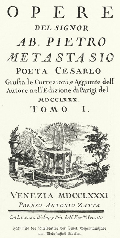 Pietro Metastasio olasz költő és librettista összegyűjtött műveinek velencei kiadásának címlapjának fakszimile (litho) alkotó: German School