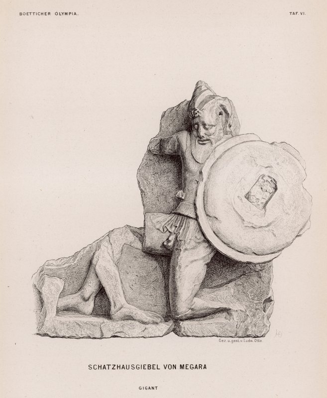 Óriás figura a Megara Kincstár oromfaláról, Olympia, Görögország (metszet) alkotó: German School
