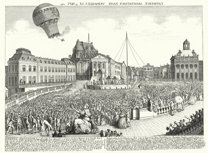 A Montgolfier testvérek léggömbjének repülése Versailles-ban alkotó: German School