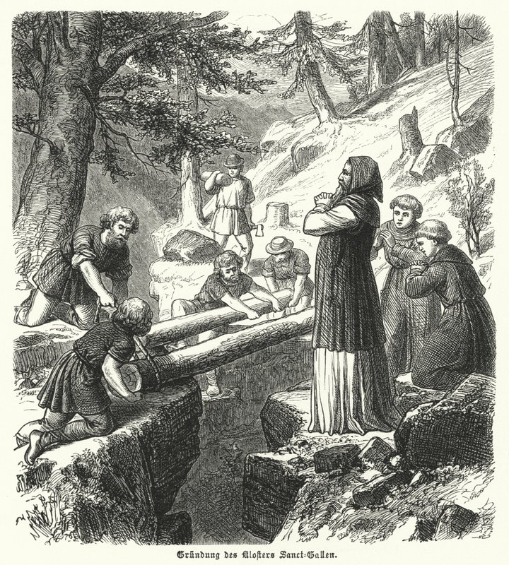 A St Gall-i apátság alapítása, Svájc, 8. század (metszet) alkotó: German School