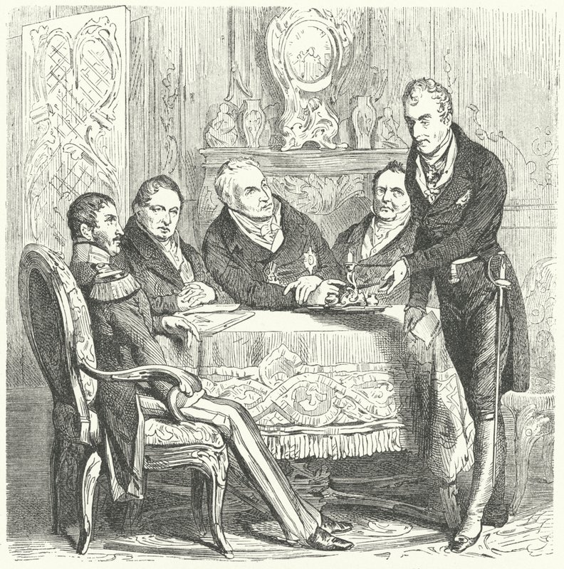 III. Frigyes Vilmos porosz miniszterelnökével, Karl August von Hardenberggel és Klemens von Metternich osztrák külügyminiszterrel folytatott megbeszélésen (metszet) alkotó: German School