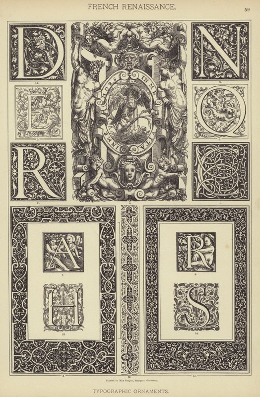 Francia reneszánsz, tipográfiai díszek (színes litho) alkotó: German School