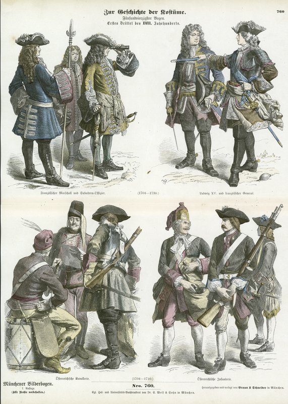Francia és osztrák katonai egyenruhák, 18. század eleje alkotó: German School