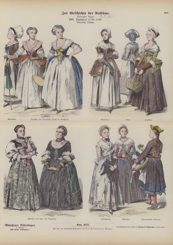 Francia és német polgári női jelmezek, XVIII. század végi (színes metszet) alkotó: German School