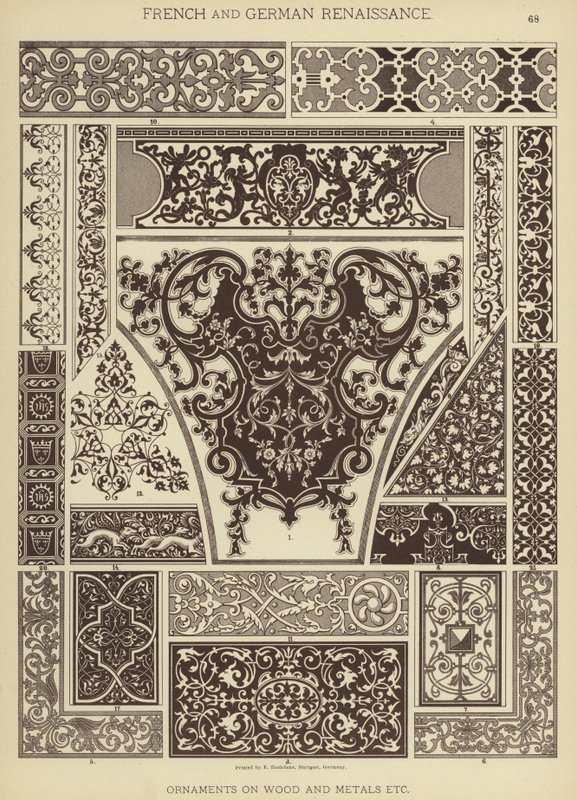 Francia és német reneszánsz, Díszek fán és fémeken stb. (színes litho) alkotó: German School