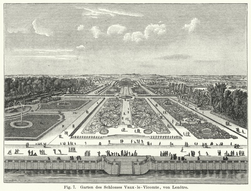 Kerttervezés: a franciaországi Maincy állambeli Chateau de Vaux-le-Vicomte kertjei, Andre le Notre által a 17. században (metszet) alkotó: German School