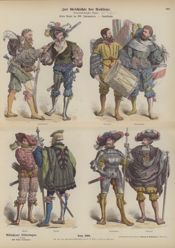 Német Landsknechte (zsoldos katonák), 16. század eleje (színes metszet) alkotó: German School