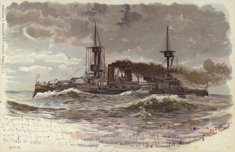 Német SMS Weissenburg csatahajó, 19. század vége vagy 20. század eleje (színes litó) alkotó: German School