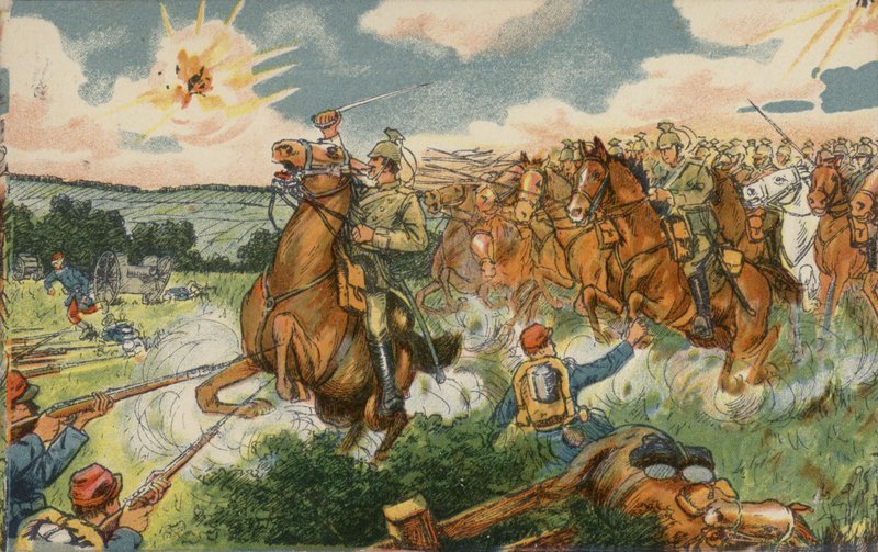 Német lovasság Vilmos trónörökös parancsnoksága alatt francia csapatokat támad Longwy közelében, Franciaország, I. világháború alkotó: German School
