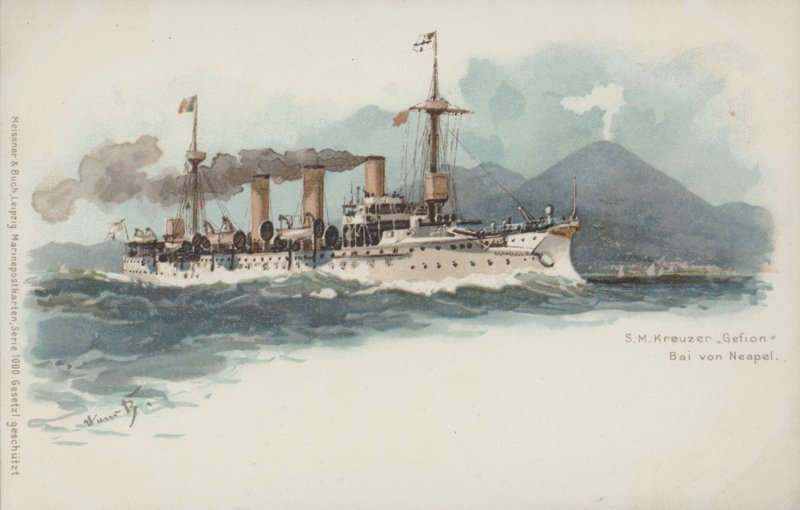 Gefion német cirkáló a Nápolyi-öbölben, Olaszországban (chromolitho) alkotó: German School