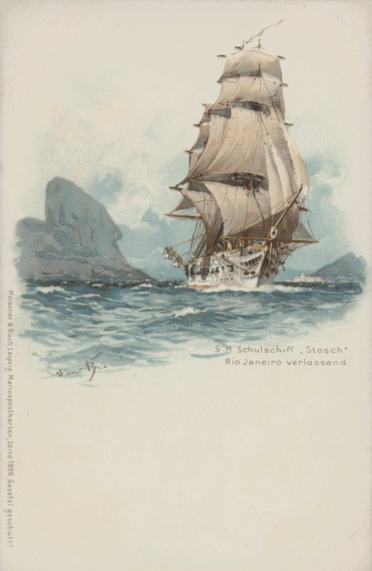 A német Stosch kiképzőhajó elhagyja Rio de Janeirót, Brazíliát (chromolitho) alkotó: German School