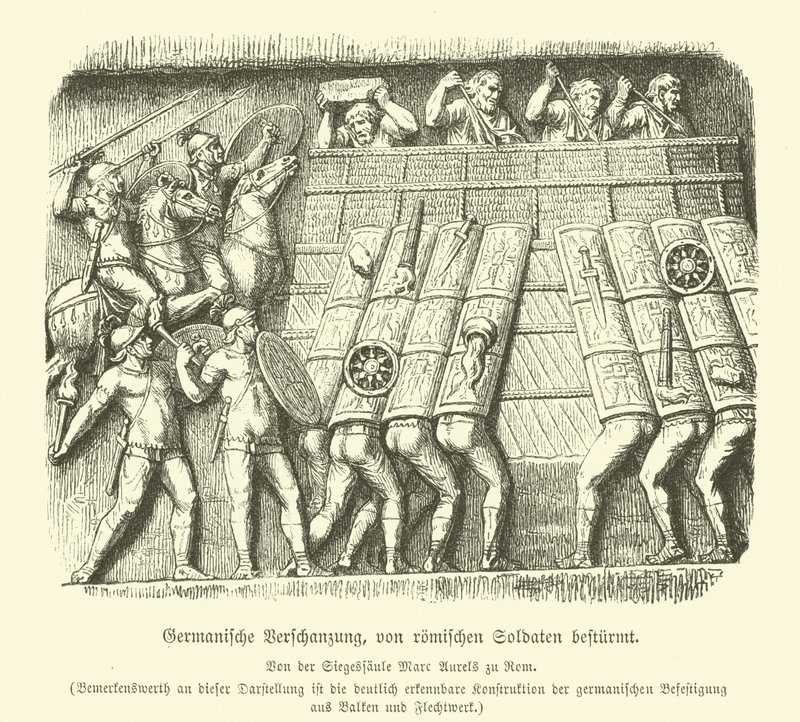 Római katonák által megtámadt germán erődítmény (metszet) alkotó: German School
